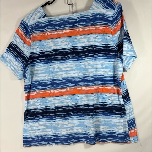 NWOT Coral Bay Blue and Orange Ocean Waves Print Short Sleeve Cotton Tee 1X - Picture 2 of 5